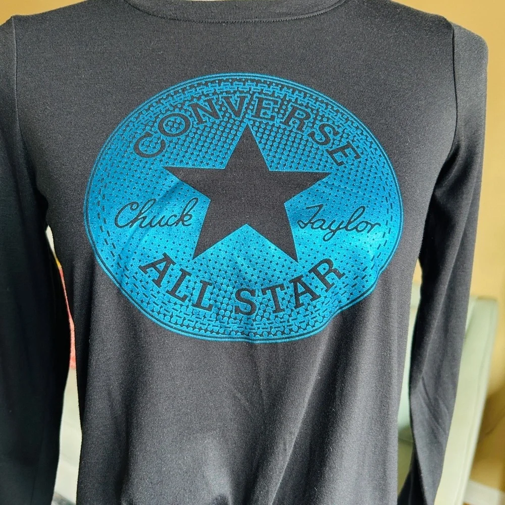 Converse Girls Black Long Sleeve Front Tie Graphic Logo Top 12/14  XL